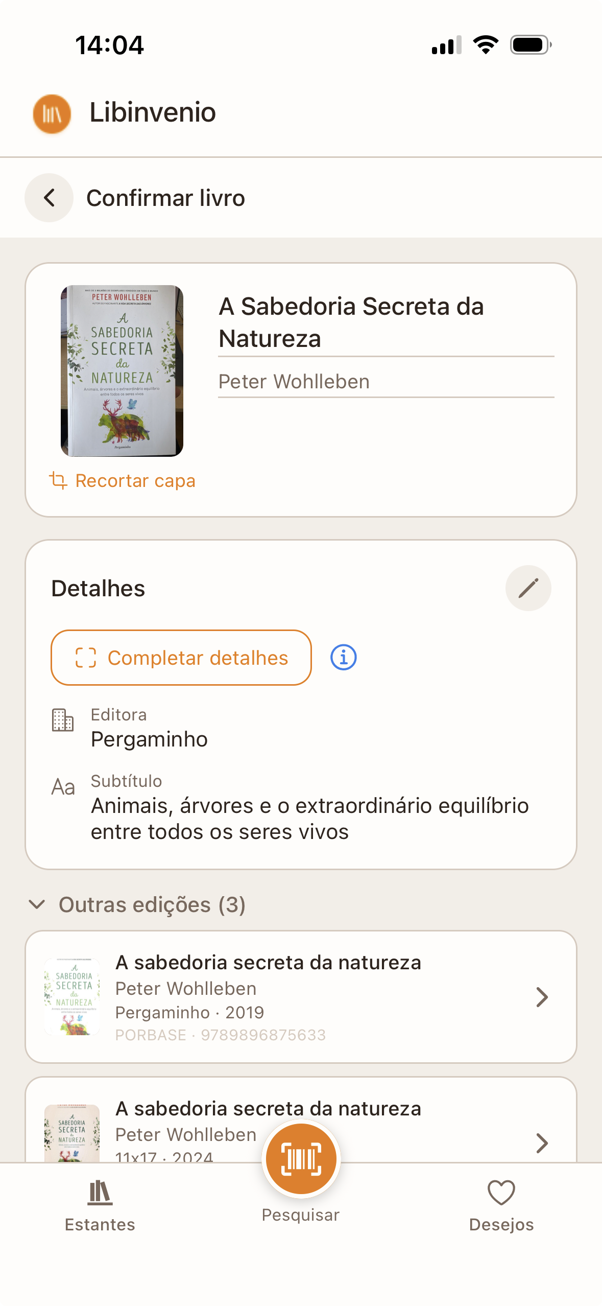 Ecrã de confirmação da capa e edição