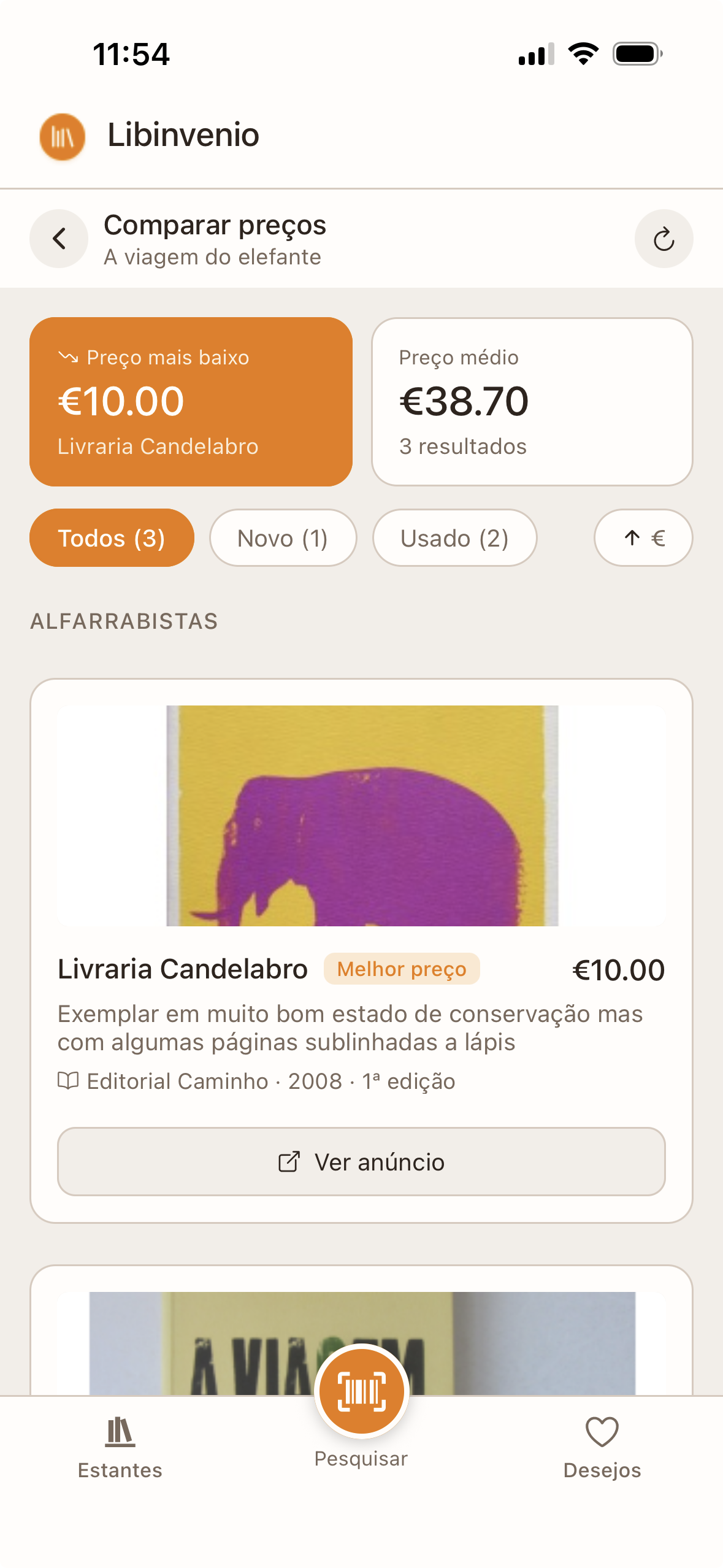 Ecrã de comparação de preços