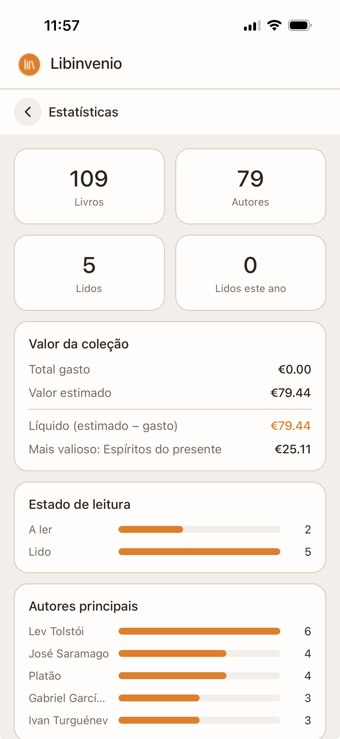 Ecrã de estatísticas da biblioteca
