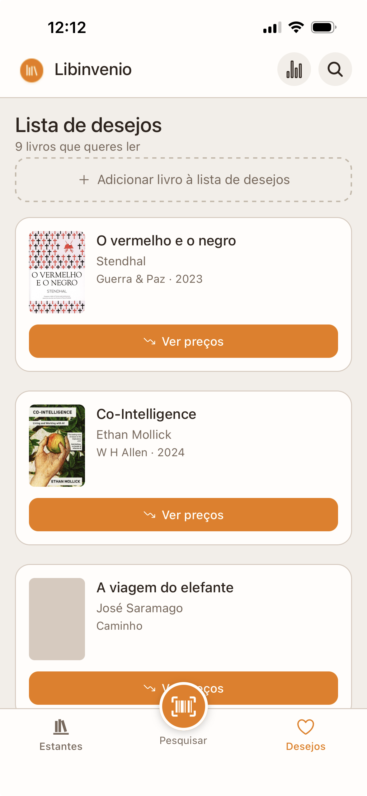 Ecrã da lista de desejos